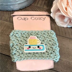 Hand-Crocheted Sage Cup Cozy with Cute Coffee Patch